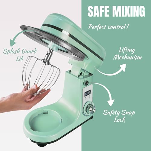 Bestron Robot Patissier, Robot pâtissier super silencieux (65 dB), Robot de cuisine 4-en-1, bol de 6 litres, inclus crochet pétrisseur, fouet et batteur plat, 6 vitesses + fonction Pulse, Vert – Image 4