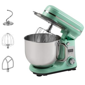 Bestron Robot Patissier, Robot pâtissier super silencieux (65 dB), Robot de cuisine 4-en-1, bol de 6 litres, inclus crochet pétrisseur, fouet et batteur plat, 6 vitesses + fonction Pulse, Vert