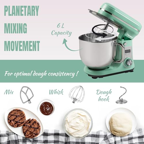 Bestron Robot Patissier, Robot pâtissier super silencieux (65 dB), Robot de cuisine 4-en-1, bol de 6 litres, inclus crochet pétrisseur, fouet et batteur plat, 6 vitesses + fonction Pulse, Vert – Image 5