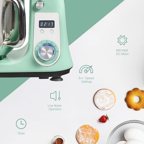 Bestron Robot Patissier, Robot pâtissier super silencieux (65 dB), Robot de cuisine 4-en-1, bol de 6 litres, inclus crochet pétrisseur, fouet et batteur plat, 6 vitesses + fonction Pulse, Vert – Image 6