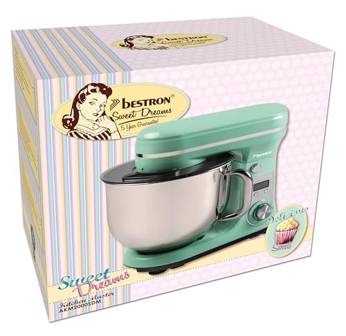 Bestron Robot Patissier, Robot pâtissier super silencieux (65 dB), Robot de cuisine 4-en-1, bol de 6 litres, inclus crochet pétrisseur, fouet et batteur plat, 6 vitesses + fonction Pulse, Vert – Image 8