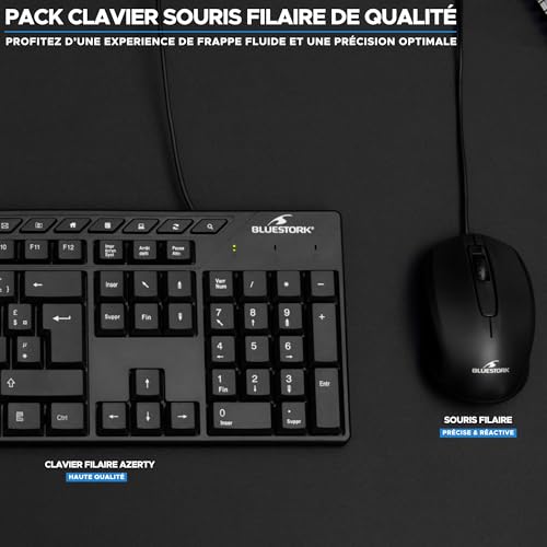 Bluestork – Pack Media Office - Pack Clavier Souris Filaire USB – AZERTY Ergonomique et Souris Filaire Réactive - Ensembles Clavier et Souris, Silencieux, Connexion Facile, Confort - PC/Linux – Image 3