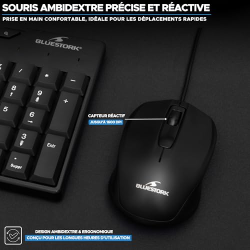 Bluestork – Pack Media Office - Pack Clavier Souris Filaire USB – AZERTY Ergonomique et Souris Filaire Réactive - Ensembles Clavier et Souris, Silencieux, Connexion Facile, Confort - PC/Linux – Image 6