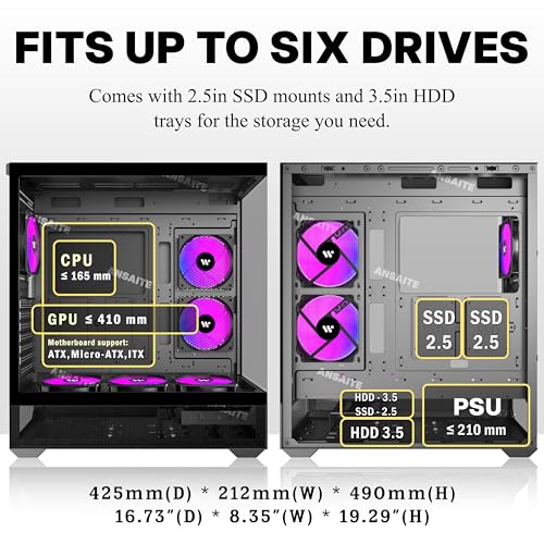 Boîtier PC ATX 6 Ventilateurs PWM ARGB pré-installés, Boîtier PC Gaming Mid-Tower, Boîtier Informatique panoramique en Verre trempé avec Type-C, Support de radiateur 360mm – Image 6