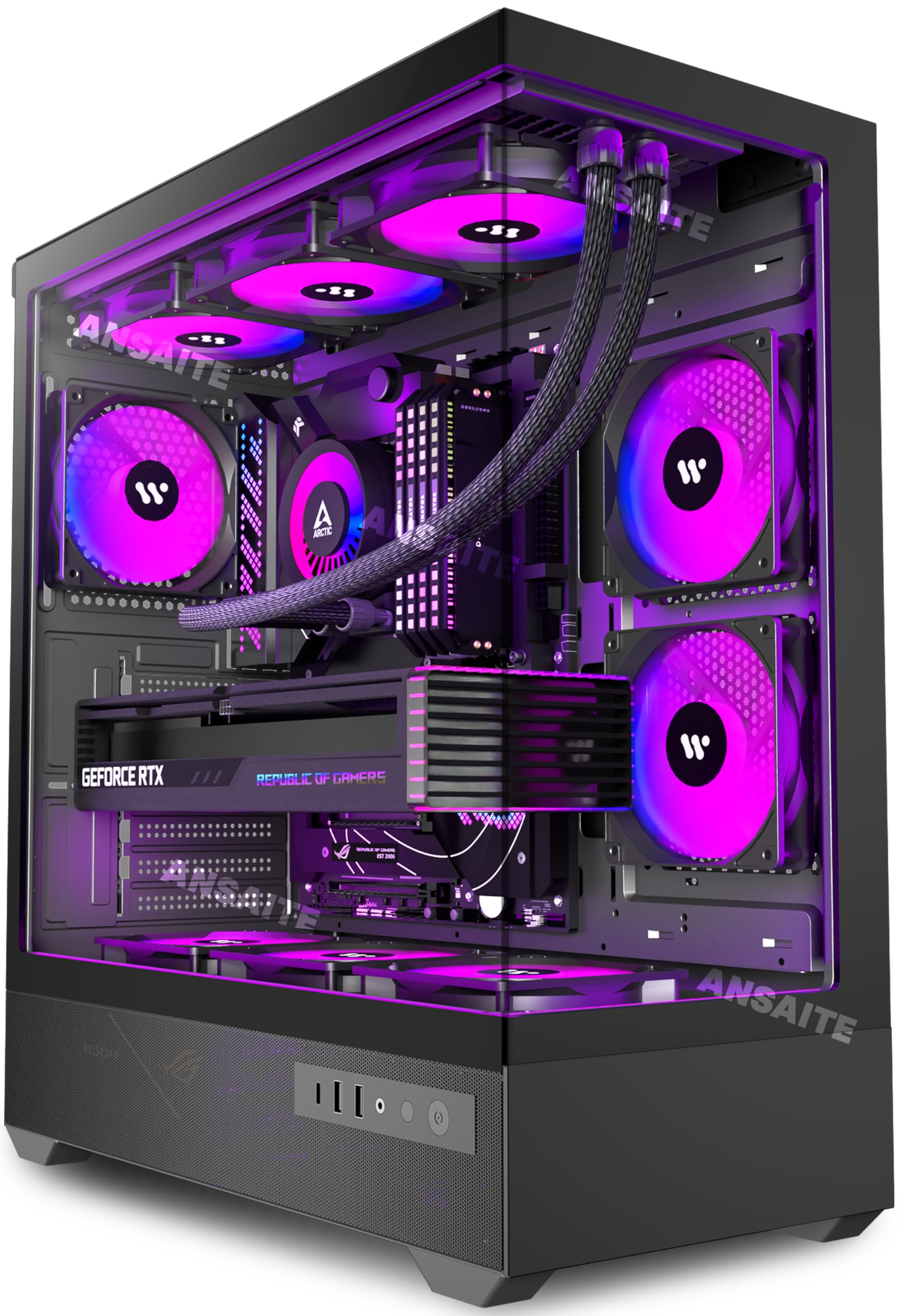 Boîtier PC ATX 6 Ventilateurs PWM ARGB pré-installés, Boîtier PC Gaming Mid-Tower, Boîtier Informatique panoramique en Verre trempé avec Type-C, Support de radiateur 360mm