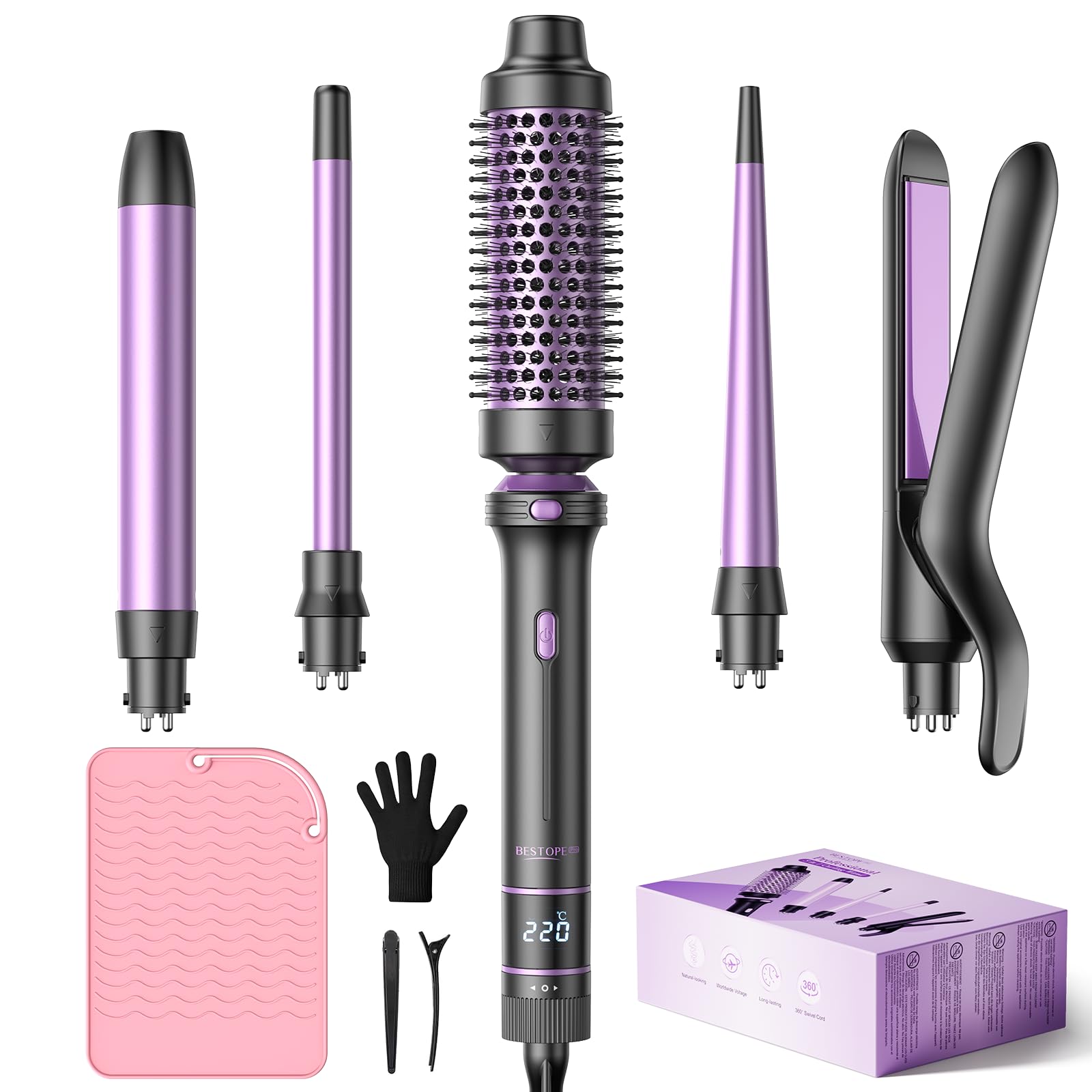 Boucleur à Cheveux BESTOPE PRO 5 en 1 - Fer à Boucler Avec un Lisseur Cheveux,Brosse Thermique, Boucleur Wavy (9 mm-25 mm),Fer à Friser Kit - Température Réglable,Pour Les Voyages et Les Cadeaux