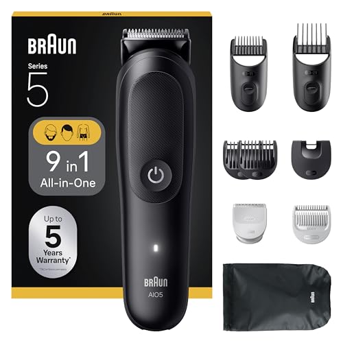 Braun Tondeuse Tout-En-Un Series 5, 9-En-1, Lame Ultra Affûtée, 120 Min D’autonomie, Protection SkinGuard Pour Le Corps, Coupe Précise Et Efficace, Manche AquaGrip Pratique Sous L'eau, AIO5540, Noir – Image 2
