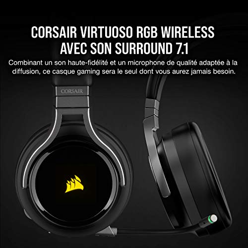 Casque de jeu haute fidélité sans fil Corsair Virtuoso RGB (son surround 7.1, microphone omnidirectionnel compatible PC et PS4) Carbon, Noir – Image 3