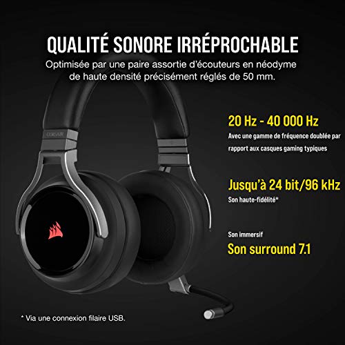 Casque de jeu haute fidélité sans fil Corsair Virtuoso RGB (son surround 7.1, microphone omnidirectionnel compatible PC et PS4) Carbon, Noir – Image 4