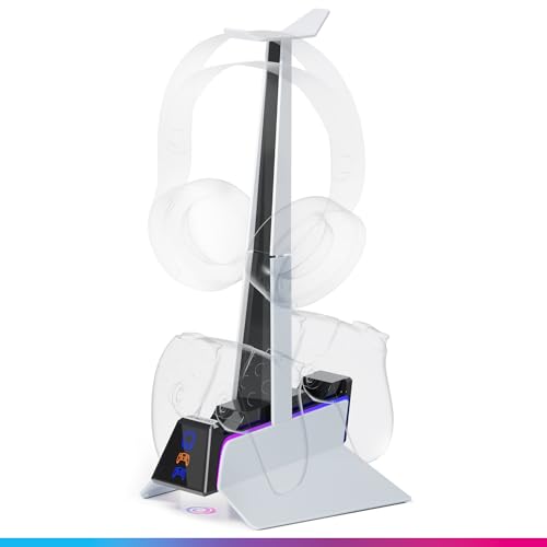 Chargeur Manette PS5 - Station de Charge Rapide 2H, Support Manette et Accessoire PS5, Double Chargeur Compatible avec DualSense, Support Amovible Recharge Casque Inclus - Station X3 (Blanc) – Image 2