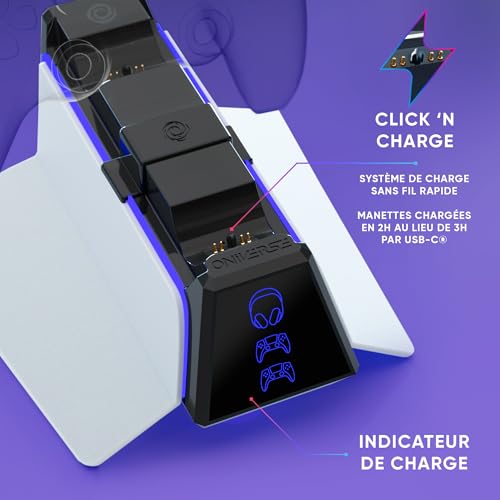 Chargeur Manette PS5 - Station de Charge Rapide 2H, Support Manette et Accessoire PS5, Double Chargeur Compatible avec DualSense, Support Amovible Recharge Casque Inclus - Station X3 (Blanc) – Image 4