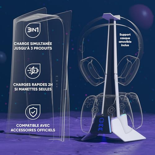 Chargeur Manette PS5 - Station de Charge Rapide 2H, Support Manette et Accessoire PS5, Double Chargeur Compatible avec DualSense, Support Amovible Recharge Casque Inclus - Station X3 (Blanc) – Image 6