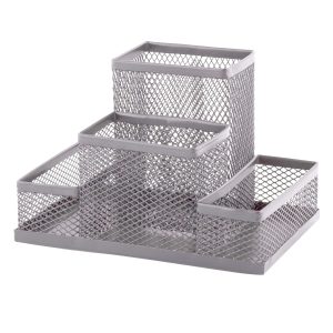 D.RECT Organiseur de bureau | Porte-crayons de bureau Pot à crayons Organisateur de table en métal | Plateau de bureau avec porte-notes en maille | 103 x 154 x 103 mm Argent