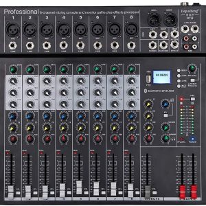 Depusheng DT8 Console de mixage professionnelle Sound Board Console Interface de système de bureau à 8 canaux Ordinateur USB numérique Entrée MP3 Alimentation fantôme 48V, Noir