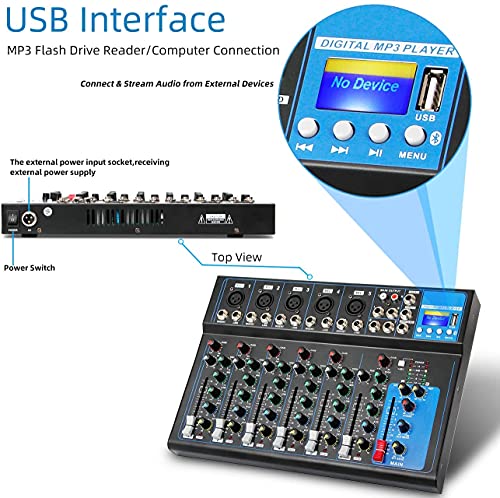 Depusheng HT7 Table de mixage audio portable Bluetooth avec console de mixage de son DJ USB Cartes de mixage de bandes à 7 canaux Prise MP3 Alimentation 48V – Image 3