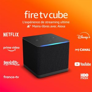 Destockage Multimédia Fire TV Cube (Nouvelle génération), Lecteur multimédia en streaming, Mains-libres avec Alexa, Wi-Fi 6E, 4K Ultra HD