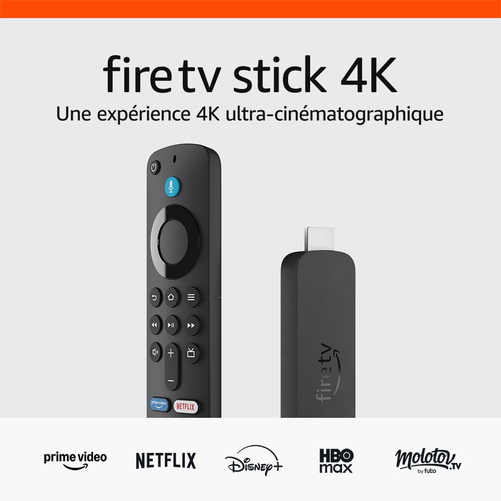 Destockage Multimédia Fire TV Stick 4K, Appareil de streaming avec prise en charge du Wi-Fi 6 et des technologies Dolby Vision/Atmos et HDR10+