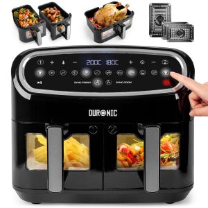 Duronic AF34 BK Set Friteuse à Air avec 1 grand tiroir de 10L et 2 petits tiroirs de 5L inclus | 10 Programmes de Cuisson Préréglés | Sans huile | Fonctions Sync Cook Sync Finish