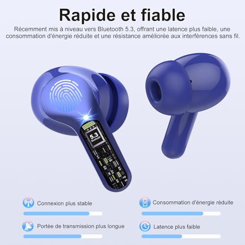 Ecouteurs Bluetooth sans Fil, Écouteurs 5.3 Oreillette Bluetooth Basses Immersives avec 4 ENC Mic, Casque sans Fil 40H avec Écran LED, Étanche IP7 Contrôle Tactile, Bleu Foncé – Image 3