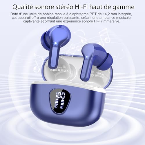 Ecouteurs Bluetooth sans Fil, Écouteurs 5.3 Oreillette Bluetooth Basses Immersives avec 4 ENC Mic, Casque sans Fil 40H avec Écran LED, Étanche IP7 Contrôle Tactile, Bleu Foncé – Image 4