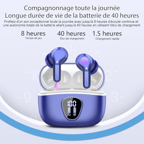 Ecouteurs Bluetooth sans Fil, Écouteurs 5.3 Oreillette Bluetooth Basses Immersives avec 4 ENC Mic, Casque sans Fil 40H avec Écran LED, Étanche IP7 Contrôle Tactile, Bleu Foncé – Image 6