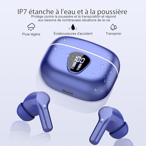 Ecouteurs Bluetooth sans Fil, Écouteurs 5.3 Oreillette Bluetooth Basses Immersives avec 4 ENC Mic, Casque sans Fil 40H avec Écran LED, Étanche IP7 Contrôle Tactile, Bleu Foncé – Image 7