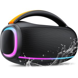 Enceinte Portable Bluetooth 5.4 sans Fil avec Bass Puissantes, 80W Enceinte Bluetooth, Autonomie 30 hrs, Lumières RGB, Appairage TWS, IPX7, AUX, TF, pour l'extérieur/La Fête/Voyage