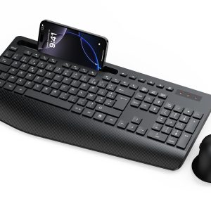 Ensemble Clavier et Souris sans Fil, Ergonomique Pleine Taille Clavier avec Repose-Poignet, Support, Mode Veille, 2,4 GHz Silencieux Clavier Souris pour Windows, PC, Laptop, AZERTY Français - Noir