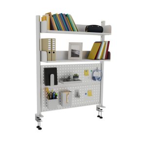 Étagère de Bureau clamp-on à 2 Niveaux, Blanc de 80 cm, bibliothèque avec Panneau perforé, Organisateur de Rangement de comptoir pour la Maison, Le Bureau ou Le dortoir