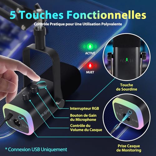 FIFINE USB/XLR Streaming Micro Gaming pour PC PS4 PS5, RGB Cardioïde Dynamique Microphone avec Support, pour Mixer Cartes Son, pour Gaming, Podcasting, Broadcasting, Enregistrement Vocal – Image 5
