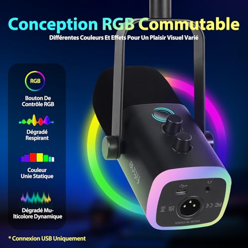 FIFINE USB/XLR Streaming Micro Gaming pour PC PS4 PS5, RGB Cardioïde Dynamique Microphone avec Support, pour Mixer Cartes Son, pour Gaming, Podcasting, Broadcasting, Enregistrement Vocal – Image 7