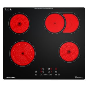 FIREGAS Plaque de Cuisson Électrique Vitrocéramique 4 Feux Encastrable 7200W – Zones Duales et Ovales, 9 Niveaux de Puissance, Contrôle Tactile et Minuteur