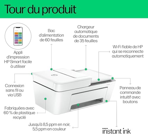 HP DeskJet 4220e, 588K4B, Imprimante multifonction, Instant Ink 3 mois inclus, Jet d'encre, A4, Couleur, Recto verso manuel, 8,5 ppm, Wi-Fi, Chargeur automatique, Fax mobile, Blanche – Image 4