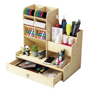 Hggzeg Organiseur de bureau en bois à faire soi-même - Grande capacité - Boîte de rangement avec tiroir pour la maison, le bureau et l'école (B17 érable blanc)