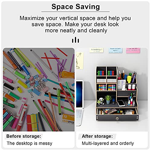 Hggzeg Organiseur de bureau en bois à monter soi-même, grande capacité, boîte de rangement avec tiroir pour la maison, le bureau et l'école (B17, noir) – Image 5