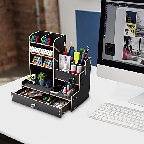Hggzeg Organiseur de bureau en bois à monter soi-même, grande capacité, boîte de rangement avec tiroir pour la maison, le bureau et l'école (B17, noir) – Image 8