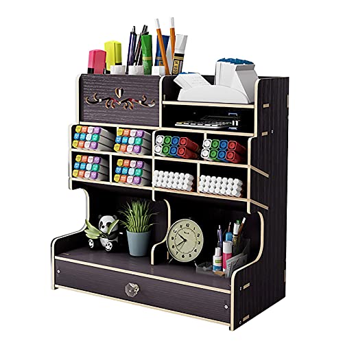 Hggzeg Organiseur de bureau en bois à monter soi-même, grande capacité, boîte de rangement avec tiroir pour la maison, le bureau et l'école (B18 noir) – Image 2