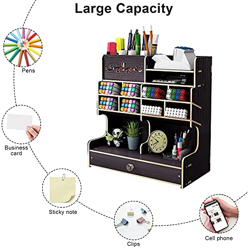 Hggzeg Organiseur de bureau en bois à monter soi-même, grande capacité, boîte de rangement avec tiroir pour la maison, le bureau et l'école (B18 noir) – Image 4