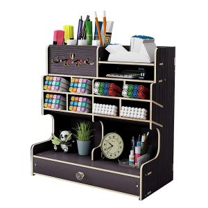 Hggzeg Organiseur de bureau en bois à monter soi-même, grande capacité, boîte de rangement avec tiroir pour la maison, le bureau et l'école (B18 noir)