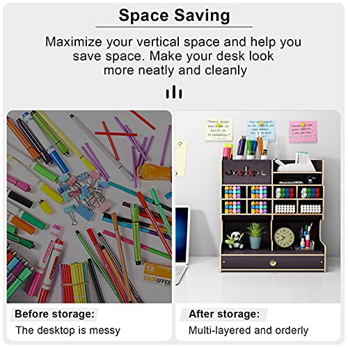 Hggzeg Organiseur de bureau en bois à monter soi-même, grande capacité, boîte de rangement avec tiroir pour la maison, le bureau et l'école (B18 noir) – Image 5