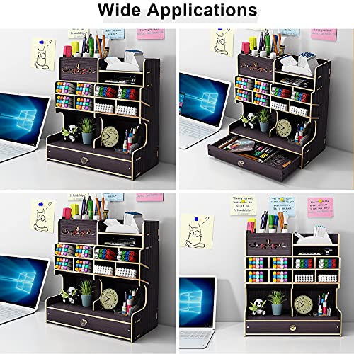 Hggzeg Organiseur de bureau en bois à monter soi-même, grande capacité, boîte de rangement avec tiroir pour la maison, le bureau et l'école (B18 noir) – Image 6