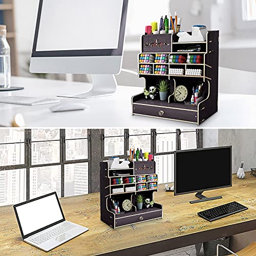 Hggzeg Organiseur de bureau en bois à monter soi-même, grande capacité, boîte de rangement avec tiroir pour la maison, le bureau et l'école (B18 noir) – Image 7