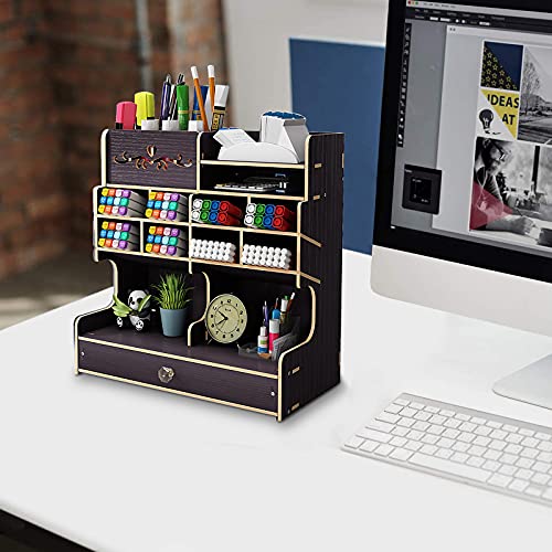 Hggzeg Organiseur de bureau en bois à monter soi-même, grande capacité, boîte de rangement avec tiroir pour la maison, le bureau et l'école (B18 noir) – Image 8