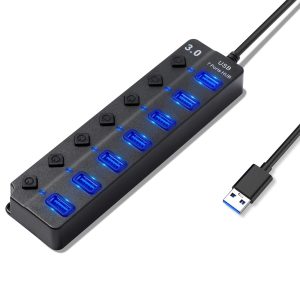 Hoppac Hub 7 en 1 Multiprise avec USB 3.0 Et 2.0, Port Multiple pour PC, Transfert De Données Et Recharge, Interrupteur Et Lumière LED, 1M