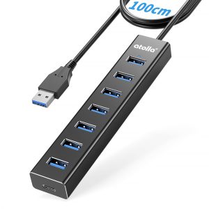 Hub USB 3.0, atolla 7 Ports Aluminium Multiprise USB 3.0 avec Câble de 100cm, 5V/3A Type-C, HUB USB pour Laptop PC, Ordinateur Portable, MacBook, Souris, Clavier, Disque Dur, etc.