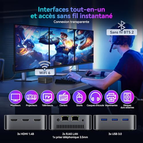 Huidun H20 Mini PC W-11 Pro, Intel Alder Lake-N97 (jusqu'à 3,6 GHz),16Go LPDDR5 512Go SSD Mini Ordinateur De Bureau,Triple HDMI 4k,3XUSB 3.0,WiFi 6,BT 5.2,Ethernet Gigabit Double pour Bureau. – Image 7