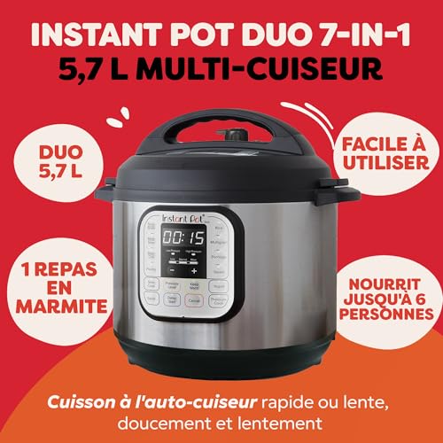 Instant Pot Duo 60, 7 en 1 Autocuiseur Multifonction - Autocuiseur, Cuiseur à Riz, Poêle, Yaourtière, Cuiseur Vapeur et Chauffe-Plat - Acier Inoxydable - 5.7 L – Image 3