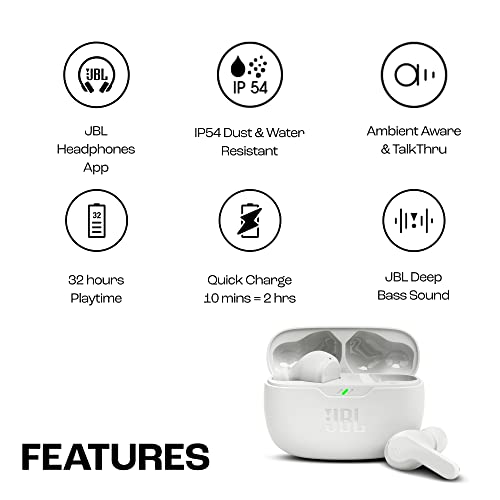 JBL Wave Beam, Écouteurs Intra-Auriculaires sans Fil, Résistance à l'Eau IP54 et IPX2, Appels Mains Libres et Batterie à Autonomie de 32 heures, en Blanc – Image 3
