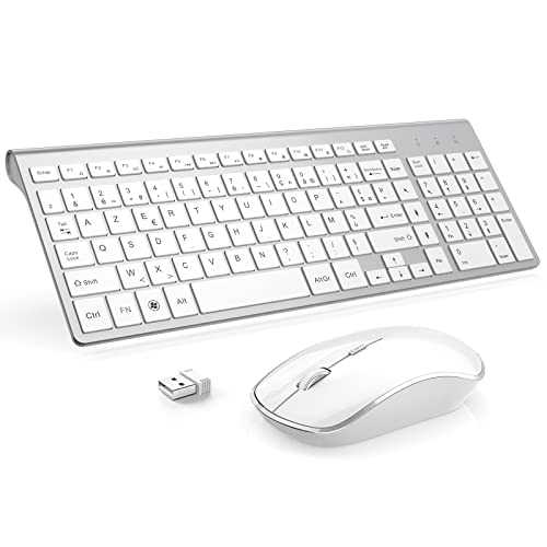 JOYACCESS Clavier Souris sans Fil, 2,4Ghz Ultra-Fins Compacte Clavier, Portable Silencieux 2400 DPI Ergonomique Clavier Souris pour PC, Smart TV, Ordinateur (AZERTY Disposition) - Blanc Argent – Image 2