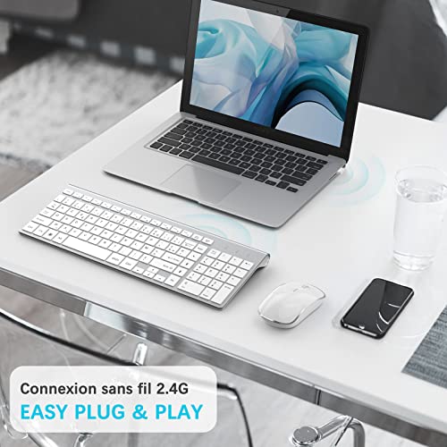 JOYACCESS Clavier Souris sans Fil, 2,4Ghz Ultra-Fins Compacte Clavier, Portable Silencieux 2400 DPI Ergonomique Clavier Souris pour PC, Smart TV, Ordinateur (AZERTY Disposition) - Blanc Argent – Image 3